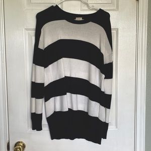 J Crew Black and White Stripes Crew Neck Tunic Sweater